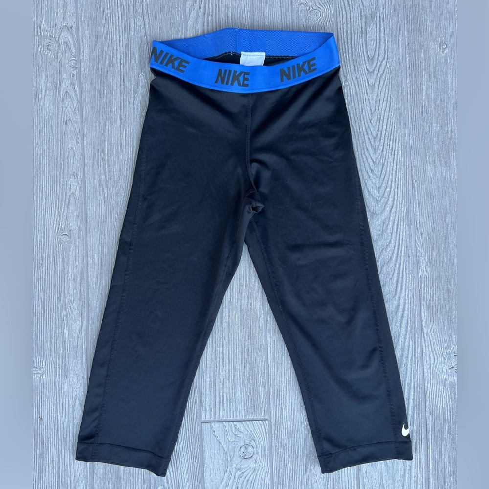 Nike Dri-FIT Capri Leggings Small Black Blue Logo Waistband Cropped Athletic Pan